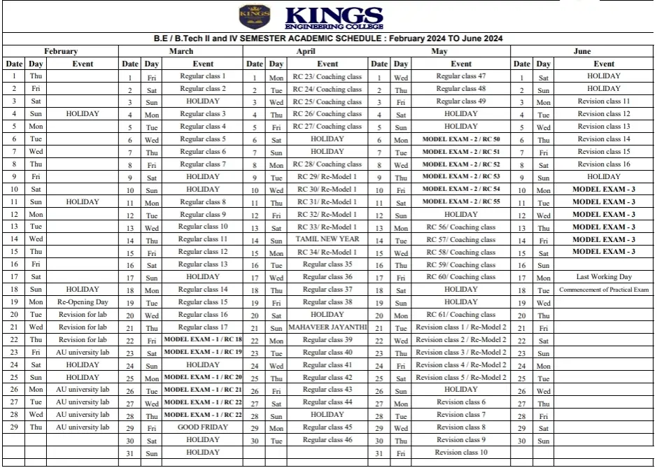 Second year Schedule